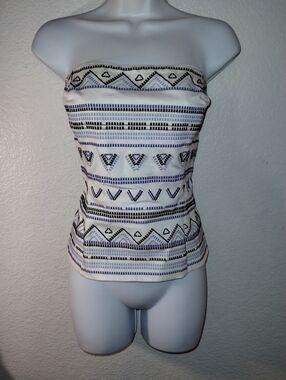 White House Black Market Top Straps Included Embroidered Aztec White & Navy 10
